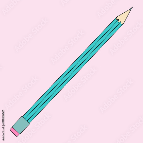 Cartoon illustration of classic sharpened turquoise pencil with pink eraser on pastel pink background. For back to school stationery concept, education visual, educational theme, and classroom decor.