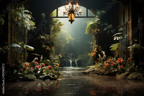 Fantasy Jungle Temple Backdrop with Waterfall and Ruins