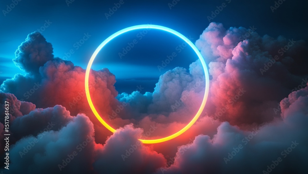 Obraz premium Neon Circle in Colorful Clouds at Night