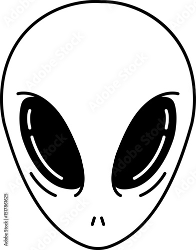 black and white illustration of a green alien head with black eyes