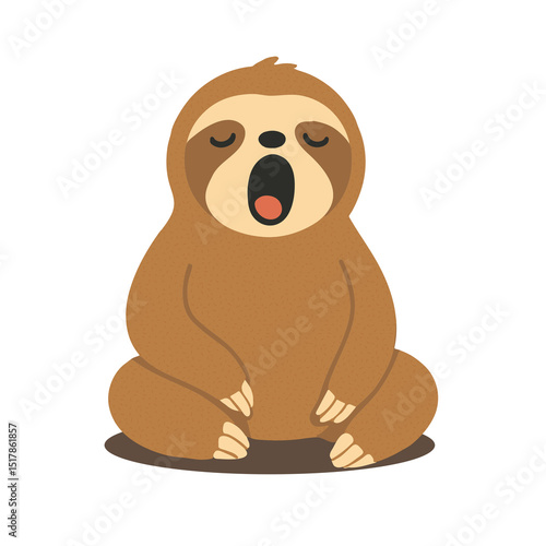 Ein niedliches, schlafendes Faultier sitzt auf dem Boden und gähnt entspannt. Die Illustration zeigt ein ruhiges Tier in einem minimalistischen und modernen Stil. Sanfte, warme Brauntöne 