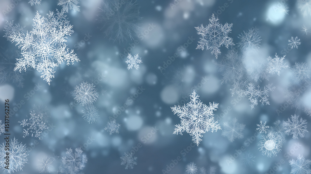 Snowflakes of varying sizes scattered on a blue bokehlit background Snowflakes of varying sizes scattered on a blue bokehlit background