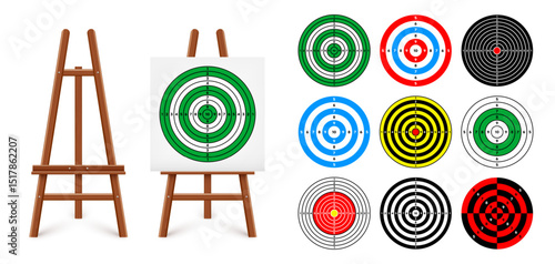 Shooting range target on a wooden easel stand. Paper target with divisions, marks and numbers. Archery, gun shooting and training, sport competition, hunting. Bullseye and aim. Vector illustration