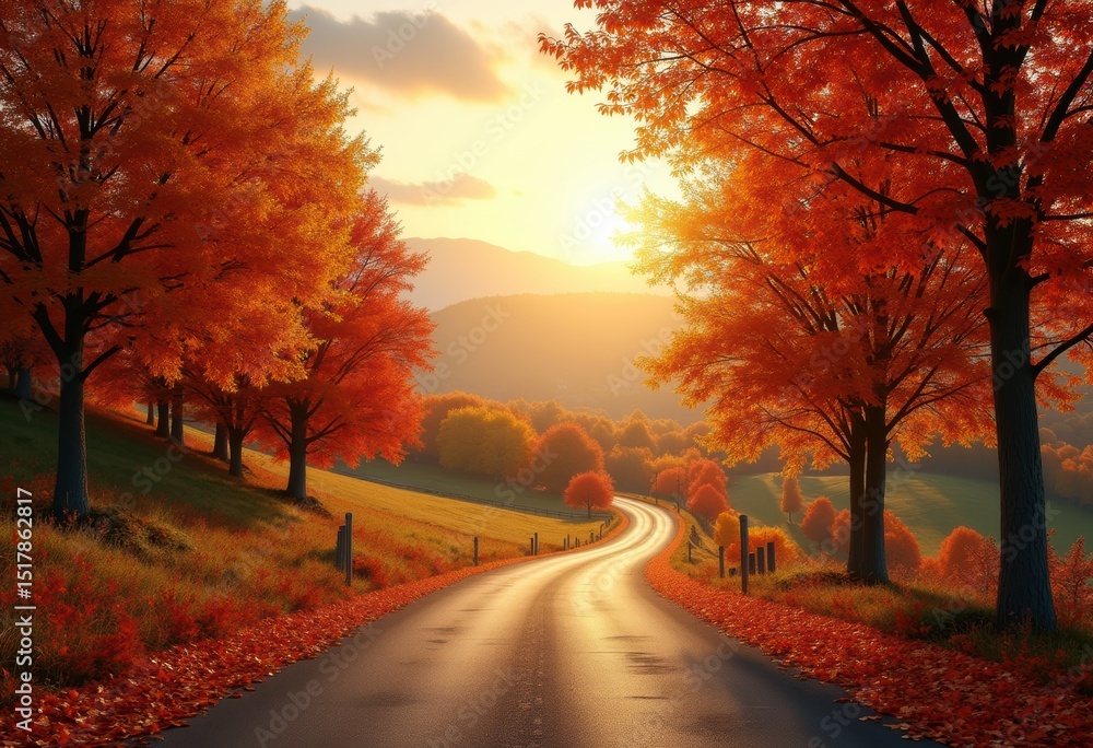 Fototapeta premium vibrant autumn foliage colorful leaves winding country road scenic drive nature beauty landscape, countryside, trees, forest, orange, yellow, red, park