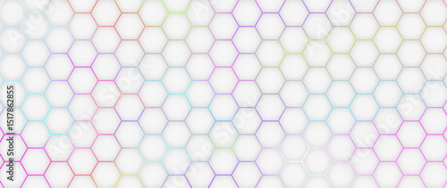 White and ranbow hexagon abstract technology background with colorful bright flashes under hexagon. Hexagonal gaming vector abstract tech background.