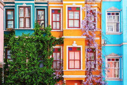 Colorful old Istanbul architecture and vibrant street scene in Balat, charming old buildings with lush vines and flowers. Turkey