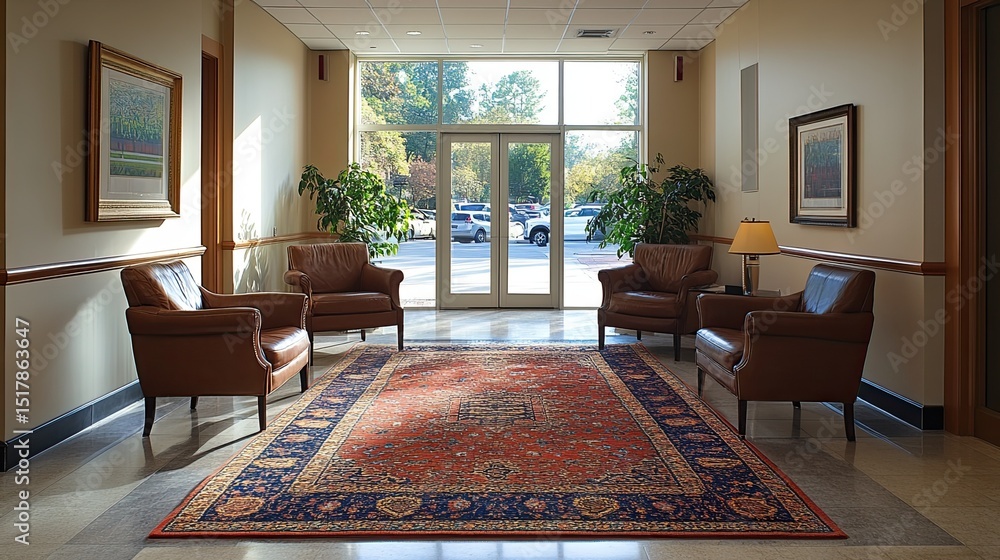 A waiting area with leather chairs and a rug leading to glass doors with outside parking area view A waiting area with leather chairs and a rug leading to glass doors with outside parking area view