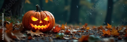 Carved pumpkin on spooky autumn leaves, cobwebs, and dark background , backgrounds, image