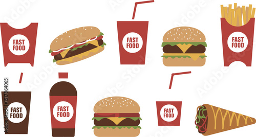 An arrangement of fast food items including burgers fries drinks and a wrap on a white background