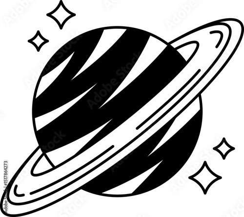 black and white illustration of a planet with rings