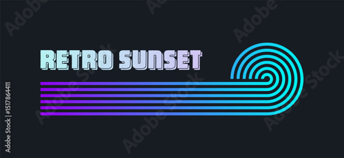 Vintage colorful sunset. Various gradient striped sunrise badges in 80s and 90s style. Sun and ocean view, summer vibes, surfing. Design element for print, logo or t-shirt. Vector illustration