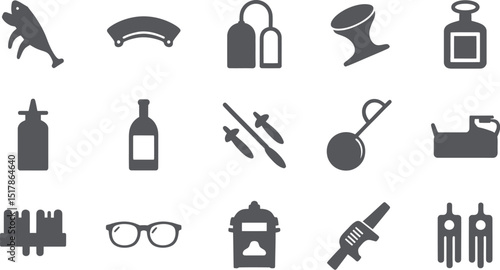 A collection of fifteen assorted gray icons on a white background showing various objects and shapes