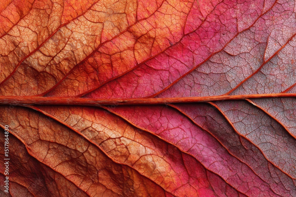 Fototapeta premium A vibrant, close-up detail of an autumn leaf, showcasing intricate vein patterns and rich colors, ranging from deep reds and oranges to subtle pinks and browns, autumnal aesthetic.