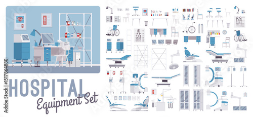Medical and hospital equipment set, range of health system tools. Care to patient, diagnostic instruments, surgical devices, monitoring, rehabilitation, therapeutic apparatus kit. Vector illustration