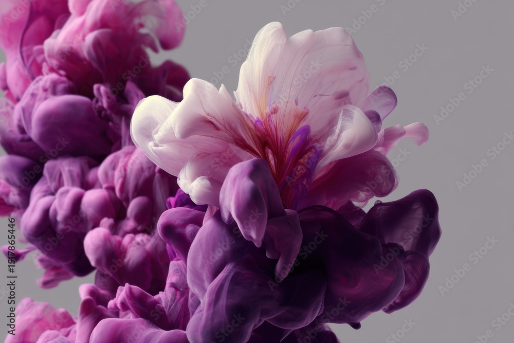 Abstract purple and pink ink swirling and blending in water creating a floral effect, delicate organic forms on a neutral background for artistic visual effect. Abstract purple and pink ink swirling and blending in water creating a floral effect, delicate organic forms on a neutral background for artistic visual effect.