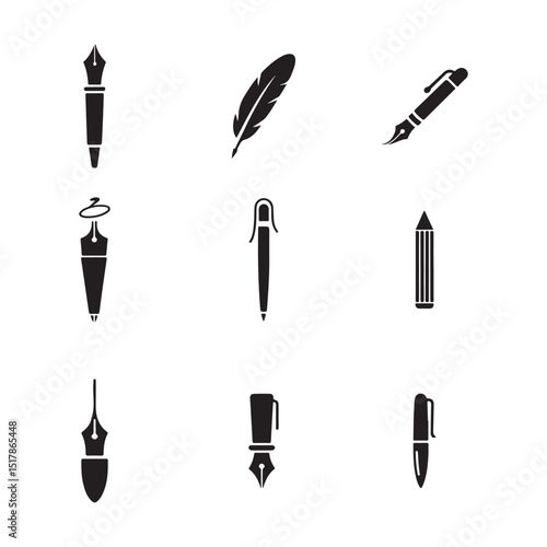A set of black and white writing utensil icons, showcasing various types of pens and a quill.