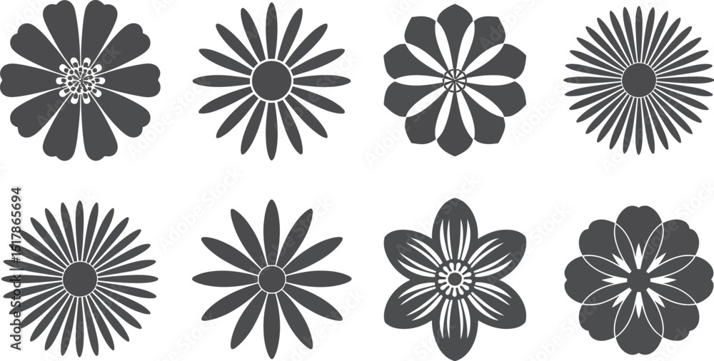 A collection of eight different flower designs in gray scale on a white background in a flat lay view A collection of eight different flower designs in gray scale on a white background in a flat lay view