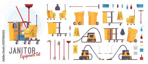 Janitor equipment household set cleaning supplies pack, professional accessories bundle. Selection of essential tools janitorial staff, vacuum cleaner, floor scrubbers, mop, broom. Vector illustration