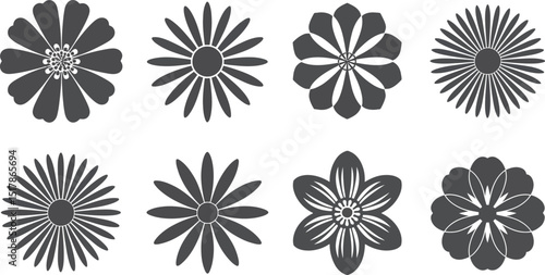 A collection of eight different flower designs in gray scale on a white background in a flat lay view