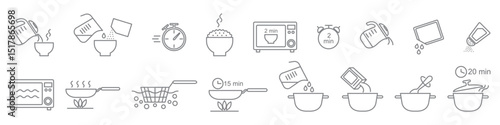 Cooking instructions line icons isolated on transparent background. Ready to eat food cooking icons. Pictogram for semi finished meal prepare instruction. Editable Stroke.