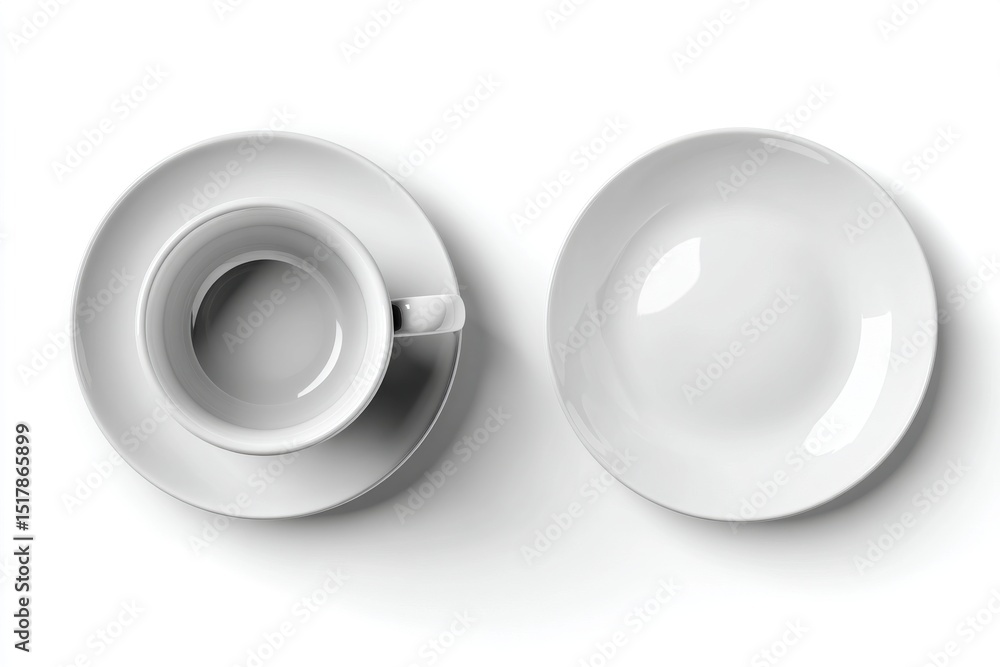 An elegant white coffee cup and saucer paired with a matching dessert plate, presenting a minimalist aesthetic and modern tableware design, isolated on a white surface. An elegant white coffee cup and saucer paired with a matching dessert plate, presenting a minimalist aesthetic and modern tableware design, isolated on a white surface.