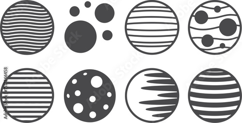 A collection of eight circular designs featuring a variety of patterns and arrangements in black and white