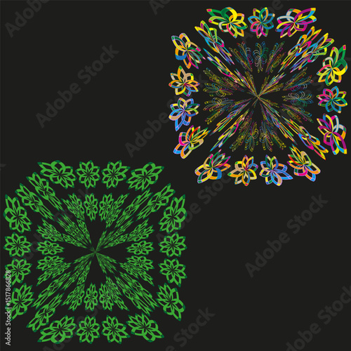 Floral pattern icon. Symmetrical glowing shapes. Vector dark background. Decorative group form.