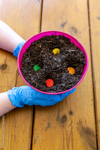 A person wearing blue gloves is holding a pink flower pot filled with soil. In the soil, there are colorful circles in green, yellow, red, and orange. The pot is positioned on a wooden table.