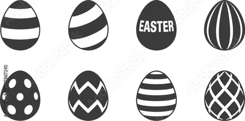A collection of eight easter eggs with different patterns in black and white illustration format