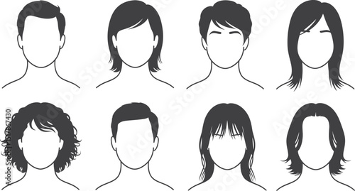 Illustration showcasing eight different hairstyles on faceless figures with visible necks and shoulders
