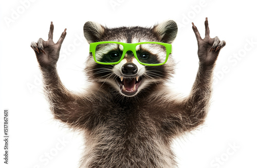  funny raccoon wearing green glasses and making a rock sign