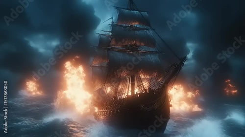 Dramatic scene of a burning pirate ship battling fierce waves in a stormy ocean at night