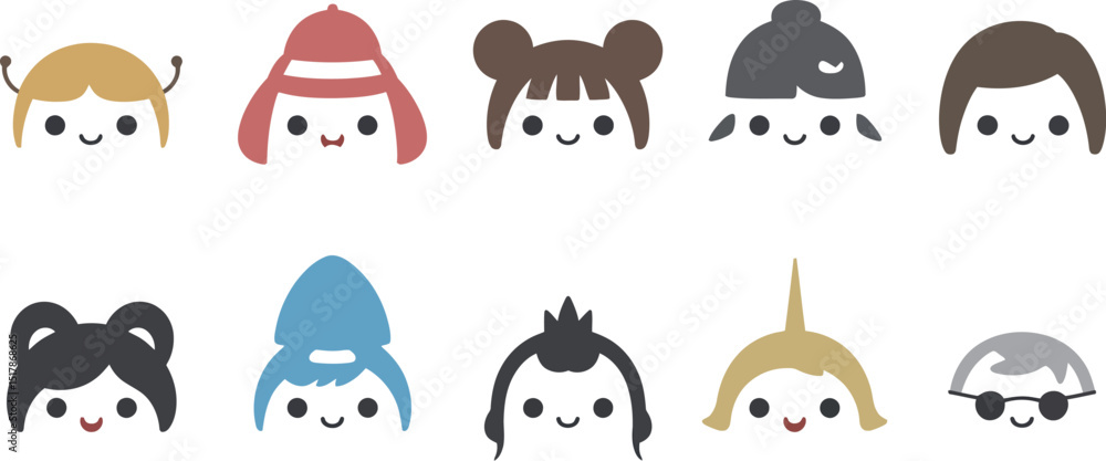 Fototapeta premium Ten cartoon faces with varied hairstyles and headwear arranged on a white background in two rows