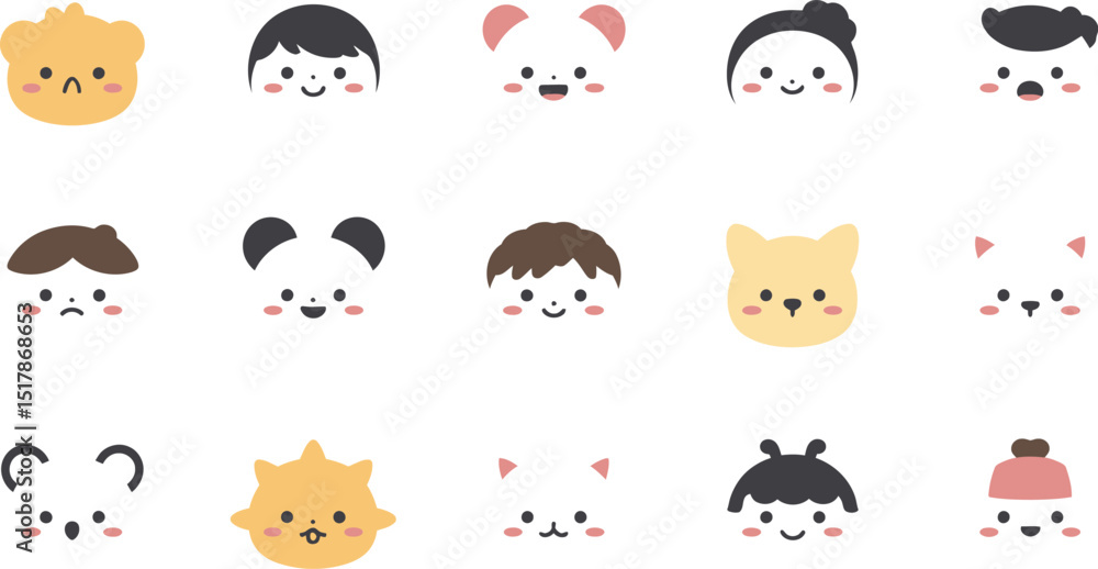 Fototapeta premium A collection of fifteen cartoon faces with various animal and human features on a white background