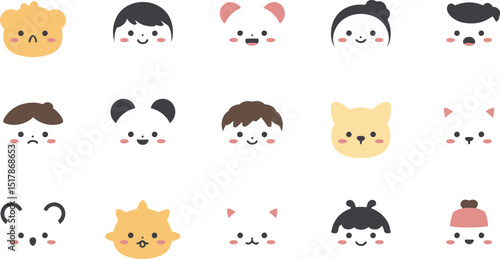A collection of fifteen cartoon faces with various animal and human features on a white background