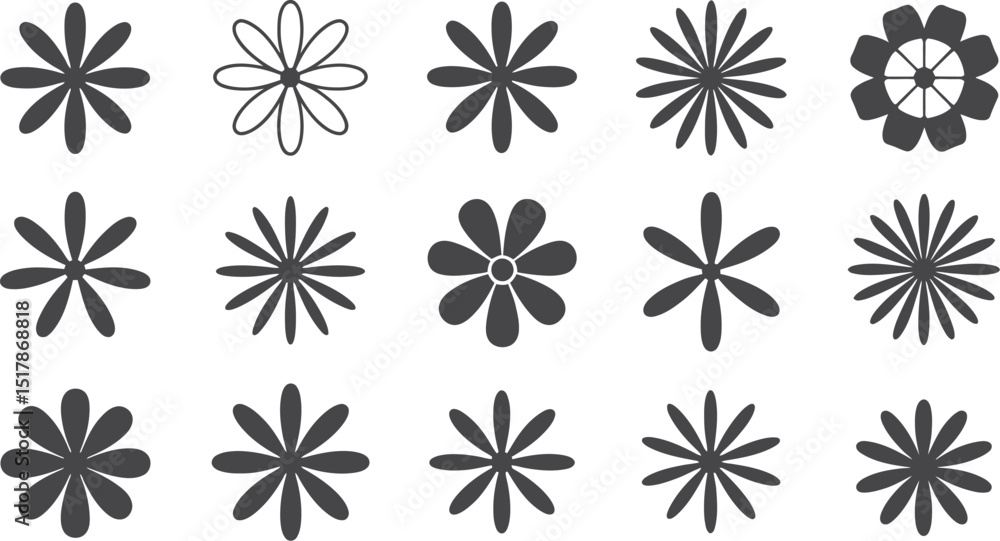 Fifteen flower illustrations with varying petal counts and styles arranged on a white background Fifteen flower illustrations with varying petal counts and styles arranged on a white background