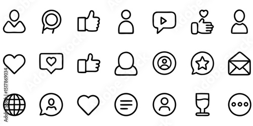 Small Social Media Web Icon Set in Line Style with Transparent Background

