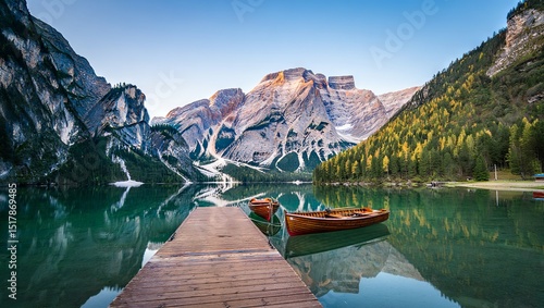 Fototapeta Naklejka Na Ścianę i Meble -  Scenic landscape of a serene lake with wooden boats and majestic mountain reflections, lake, mountains, reflections, boats, wooden boats, dock, pier, landscape, nature, scenery, travel, tourism, outdo