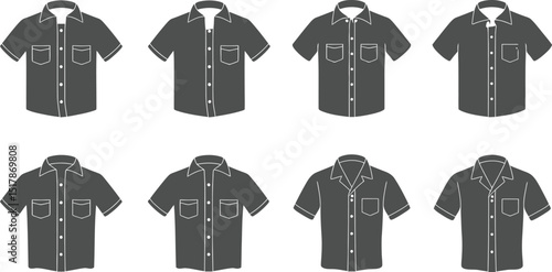 Collection of eight gray short sleeved shirts with pockets and button down fronts on a white background