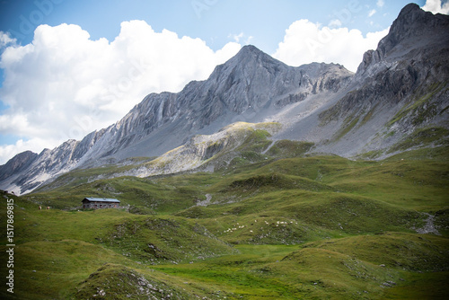 Panoramic alpine view with mountain peaks and lush valley