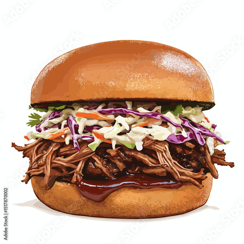Pulled pork sandwich buns, American classic texas BBQ sauce joint food brisket shredded sandwich with lettuce cabbage coleslaw salad