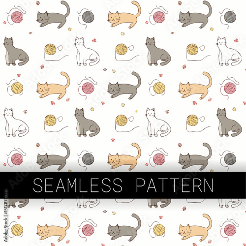 Minimal Cat-Themed Seamless Pattern on White Background