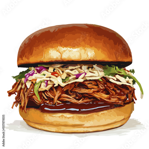 Pulled pork sandwich buns, American classic texas BBQ sauce joint food brisket shredded sandwich with lettuce cabbage coleslaw salad