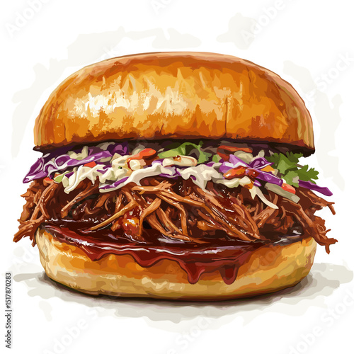 Pulled pork sandwich buns, American classic texas BBQ sauce joint food brisket shredded sandwich with lettuce cabbage coleslaw salad
