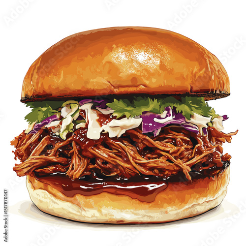Pulled pork sandwich buns, American classic texas BBQ sauce joint food brisket shredded sandwich with lettuce cabbage coleslaw salad