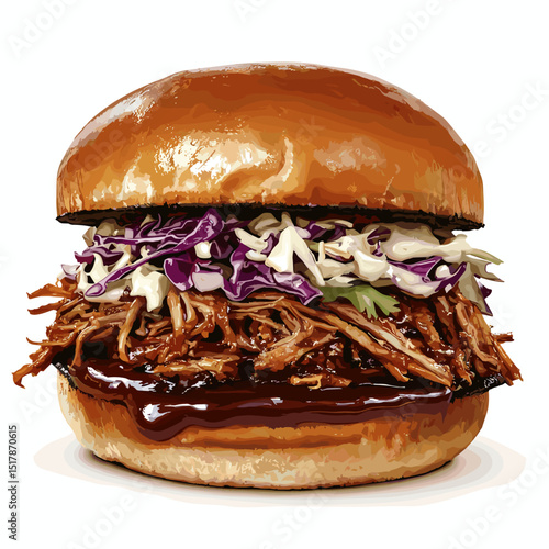Pulled pork sandwich buns, American classic texas BBQ sauce joint food brisket shredded sandwich with lettuce cabbage coleslaw salad