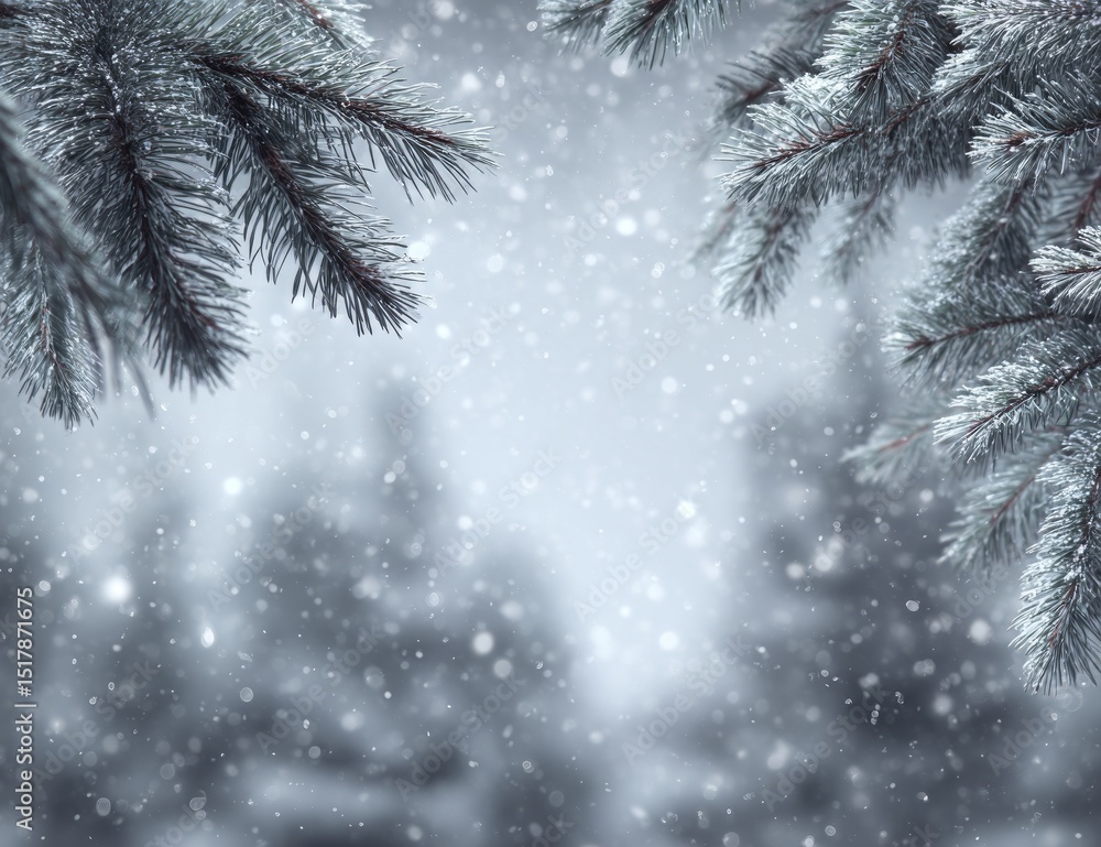 Obraz premium Snowy Pine Branches Winter Forest Background
