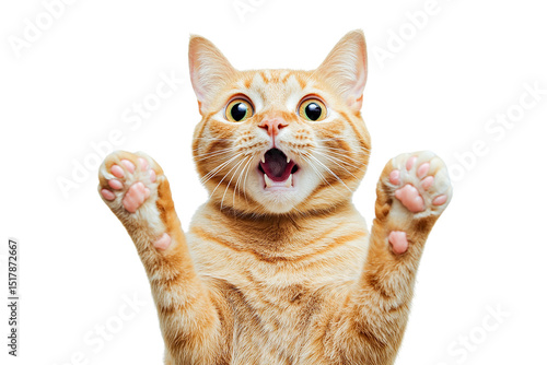 Ginger cat paws up open mouth isolated on transparent PNG