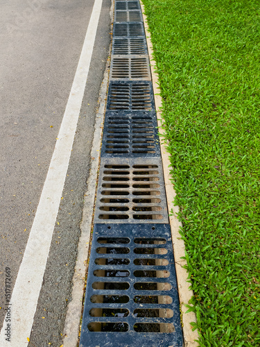 Long metal drainage grate separates paved road from grassy area, ensuring efficient water flow