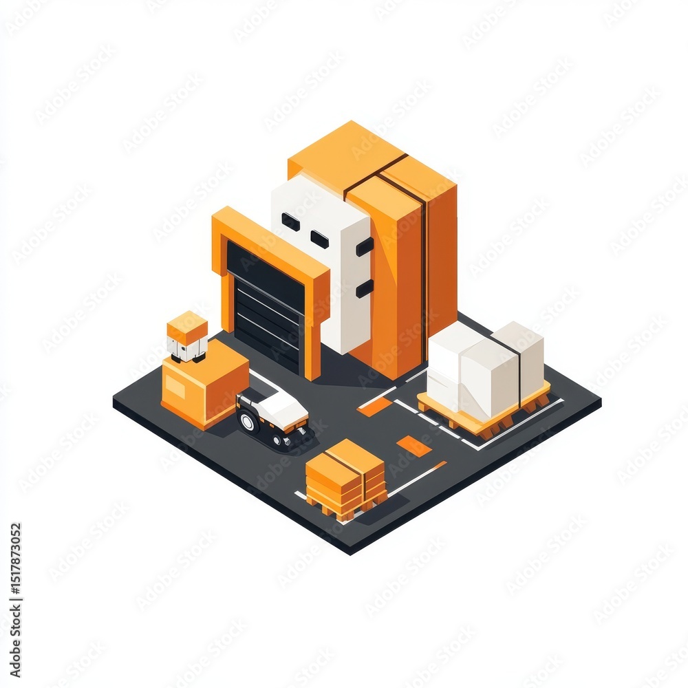 Isometric warehouse illustration with delivery vehicles and stacked packages. Isometric warehouse illustration with delivery vehicles and stacked packages.